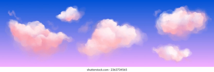 Nubes blandas rosadas onduladas sobre el cielo de gradiente azul violeta. Un conjunto de ilustraciones vectoriales realistas de magia y cumulo de ensueño pastel se parece al algodón dulce. Humo abstracto o niebla lindas formas de hada de fantasía.