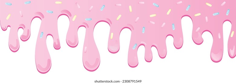 Pink soft ice cream, splashes of sweet candies, long border, seamless banner pattern, vector white background