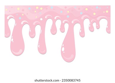 Pink soft ice cream, splashes of sweet candies, long border, seamless banner pattern, vector white background. 