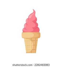 Pink soft ice cream in a waffle cup. Sweet summer refreshing dessert. Strawberry sundae. Frozen treats. Street food. Vector illustration