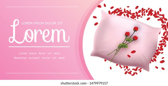 Pink Soft Pillow with Beautiful Red Blossom inside of Rose Flowers Petals Heart Frame. Rectangular Cushion for Sweet Romantic Dreams and Relaxation, Realistic 3d Vector Illustration, Horizontal Banner