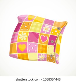 Pink soft pillow in a patterned pillowcase object isolated on a white background