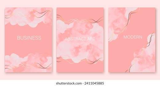 Pink soft romantic cards design with watercolor spots and golden lines. Blush elegant design for card, invitation, flyer, cover.