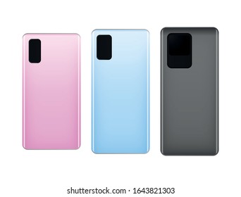 Rosa, rosa suave, azul cielo, icono de teléfono móvil de color gris aislado en blanco 