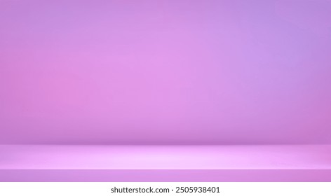 Pink soft studio room. Limbo light background. Abstract 3d violet backdrop for product presentation. Minimal wall scene. Showcase, promotion display. Vector stage mockup illustration