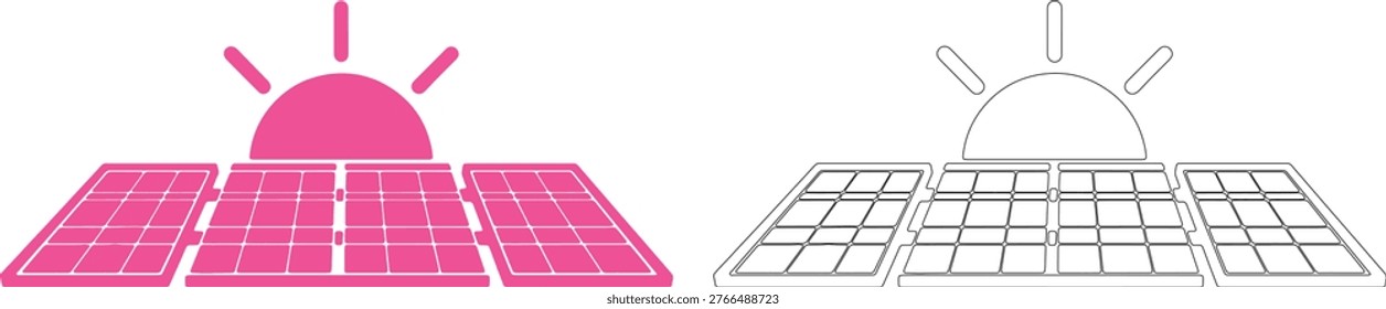 Pink solar panels with sun rays energy