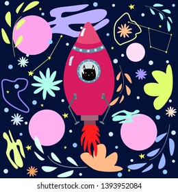 Pink space rocket with cute cat abstract cartoon style on dark blue background with heavenly bodies vector illustration