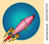 pink space rocket, science fiction. Interplanetary transport. Start