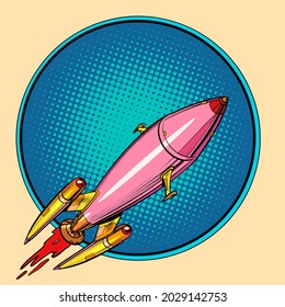 pink space rocket, science fiction. Interplanetary transport. Start