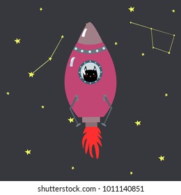 Pink space ship with cute black cat doodle style with constellation vector illustration