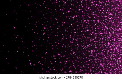 Pink sparkles, abstract luminous particles, sparkling stardust on a dark background. Flying Christmas glares and sparks. Luxury backdrop. Vector illustration.