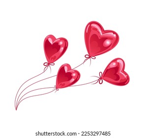 Pink sparkling heart shaped helium balloons develop in the wind.Modern realistic illustration. For posters, postcards, banners, design elements, printing on fabric