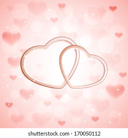 Pink sparkling valentines background with two hearts, illustration.