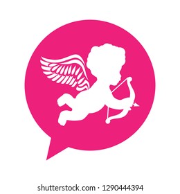 pink speaking bubble with cupid inside, love related chat icon 