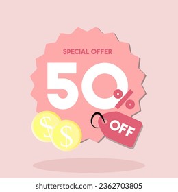 Pink special offer 50% 
banner to publicize special offer with pink background