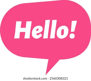 Pink speech bubble featuring a cheerful hello greeting with an exclamation mark, symbolizing friendly communication and engaging introductory expressions in social interactions