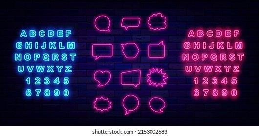 Pink speech bubbles neon signs collection. Empty frames pack. Framing border. Bright blue and pink alphabets. Glowing effect banner. Chatting box on brick wall. Vector stock illustration