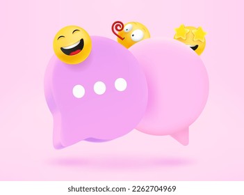 Pink speech clouds with emojis. Conversation concept. 3d vector icon 