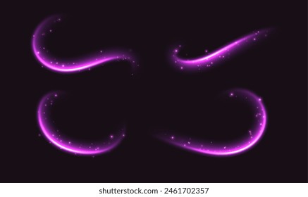 Pink speed lines, light in motion, glowing light trails. Bright motion effect, luminescent swirls. Vector decoration.