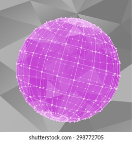 Pink sphere with triangles and polygons from lines connected points. Gray uniform background of triangles.