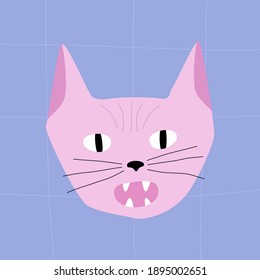 Pink sphinx cat. Head of pink angry cat with open mouth. Cat head cartoon on a blue background. Doodle illustration vector.