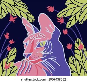 A pink Sphynx cat sitting between flowers.