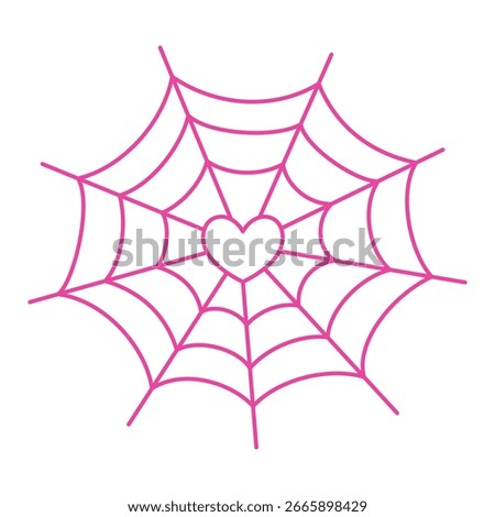 Pink spider web with heart in the middle. Editable stroke. Halloween theme for banner, icon or party decoration. Outline heart shaped doodle drawing. Vector illustration isolated on white background.