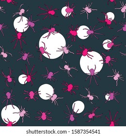 Pink spiders on black background with white dots texture