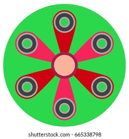 Pink spinner with six blades a flat style. Vector image on a round light green background. Element of design, interface.