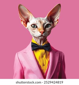 A pink spinx cat wearing a pink suit, yellow shirt, and black bowtie against an pink background