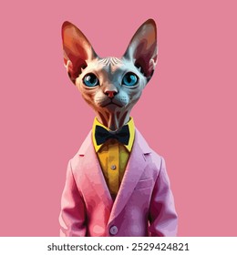 A pink spinx cat wearing a pink suit, yellow shirt, and black bowtie against an pink background