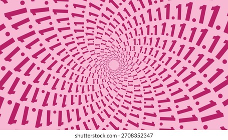 A pink spiral background with bold, repeating numbers creates a dynamic geometric pattern.