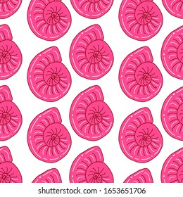 Pink spiral sea shell isolated on white background. Underwater clam. Vector seamless pattern. Cartoon style.