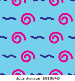 Pink spirals and blue wavy lines on a blue background.