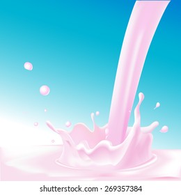 salpicadura rosa y yogur vertido - ilustración vectorial sobre fondo azul