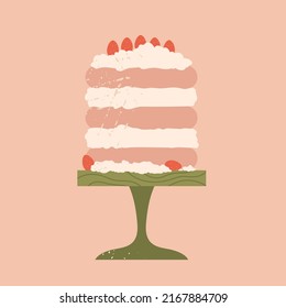 Pink Sponge Cake With Whipped Cream And Strawberries. Boho Wedding Or Birthday Cake. Delicious Dessert Aesthetic. Sweet Holiday Food. Vector Illustration In Cartoon Style. Isolated Pink Background