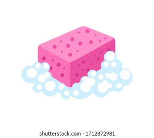 Pink sponge in soapy foam isolated on white. Vector illustration. Flat simple icon.