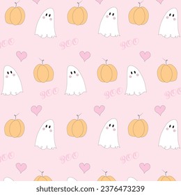 pink, spooky boo ghost and pumpkin seamless vectorel pattern, halloween background, wallpaper

