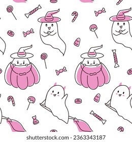 Pink spooky halloween ghosts with candy seamless pattern repeat print background. Great for kids and home decor. Surface pattern design. Vector illustration isolated on a white background.