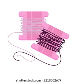 Rebeldes rosas con ilustración vectorial de hilos negros y blancos. Dibujo de una herramienta para el trabajo de agujas. Tumbas rosas con hilos aislados en fondo blanco. Moda, concepto de bordado
