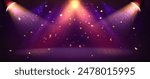 Pink spotlight stage background. Disco party projector light concert or show scene. Magic beam glow for nightclub or award winner with confetti glitter. Congratulation performance bg for celebrity