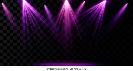 Pink spotlight stage background. Disco party projector light concert or show scene. Magic beam glow for nightclub or award winner with confetti glitter.