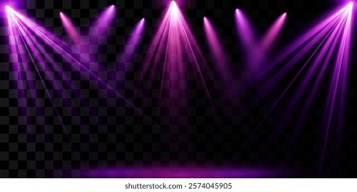 Pink spotlight stage background. Disco party projector light concert or show scene. Magic beam glow for nightclub or award winner with confetti glitter.