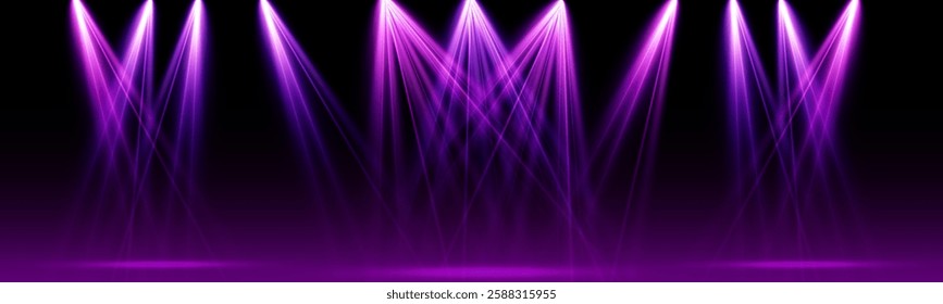 Pink spotlight stage background. Disco party projector light concert or show scene. Magic beam glow for nightclub or award winner with confetti glitter.