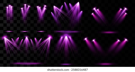 Pink spotlight stage background. Disco party projector light concert or show scene. Magic beam glow for nightclub or award winner with confetti glitter.