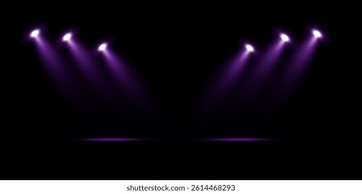 Pink spotlight stage background. Disco party projector light concert or show scene. Magic beam glow for nightclub or award winner with confetti glitter.