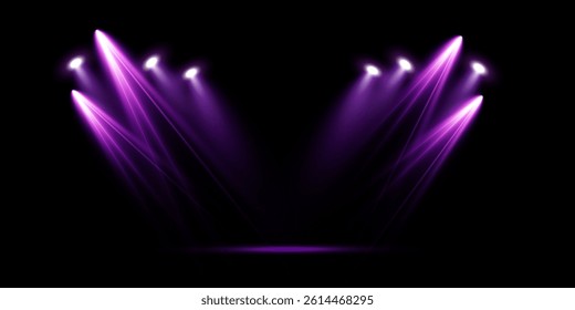 Pink spotlight stage background. Disco party projector light concert or show scene. Magic beam glow for nightclub or award winner with confetti glitter.