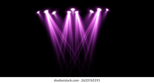 Fondo de escenario de foco rosa. Disco party proyector de luz concierto o espectáculo de escena. Resplandor de haz mágico para discoteca o ganador de un premio con brillo de confeti.