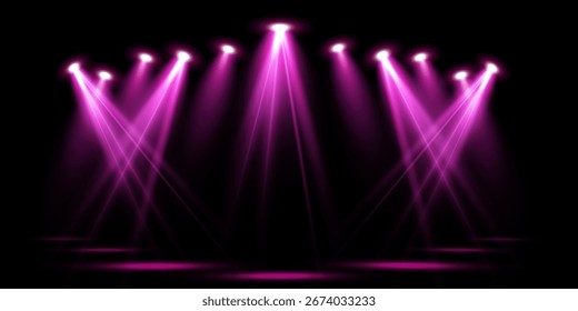 Fondo de escenario de foco rosa. Disco party proyector de luz concierto o espectáculo de escena. Resplandor de haz mágico para discoteca o ganador de un premio con brillo de confeti.