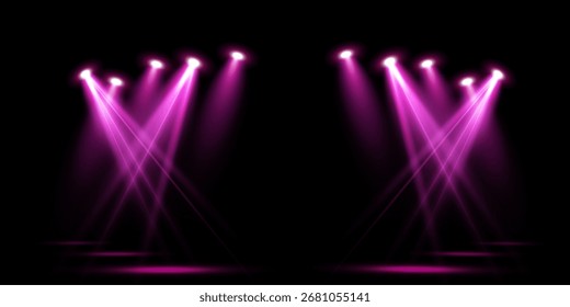 Fondo de escenario de foco rosa. Disco party proyector de luz concierto o espectáculo de escena. Resplandor de haz mágico para discoteca o ganador de un premio con brillo de confeti.